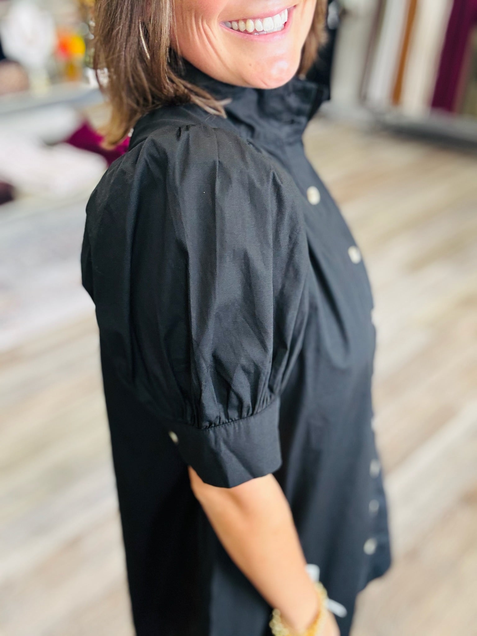 The Kennedy Button Dress - Black puff sleeve collar detailing mid-length