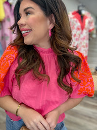 The May top - Faire pink top with orange embroidered on sleeve