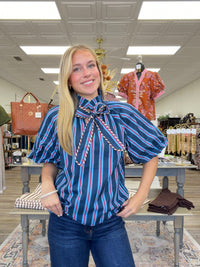 The Gayla Striped Top - Puff Sleeve Tie Front Striped Top