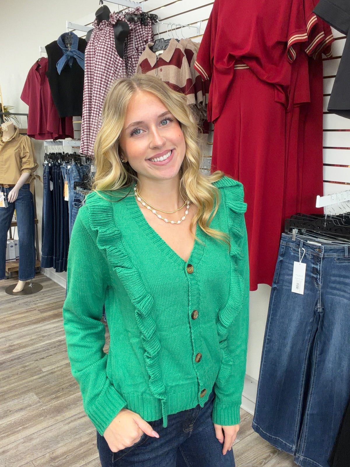 Emerald Charm Ruffle Knit Cardigan