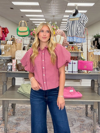 Rosy Boulevard Puff Sleeve Stripe Button-Up Blouse