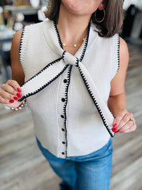 Abigail Sweater Top - Color Contrast Soft Sleeveless Sweater Bow Detail Black Trim