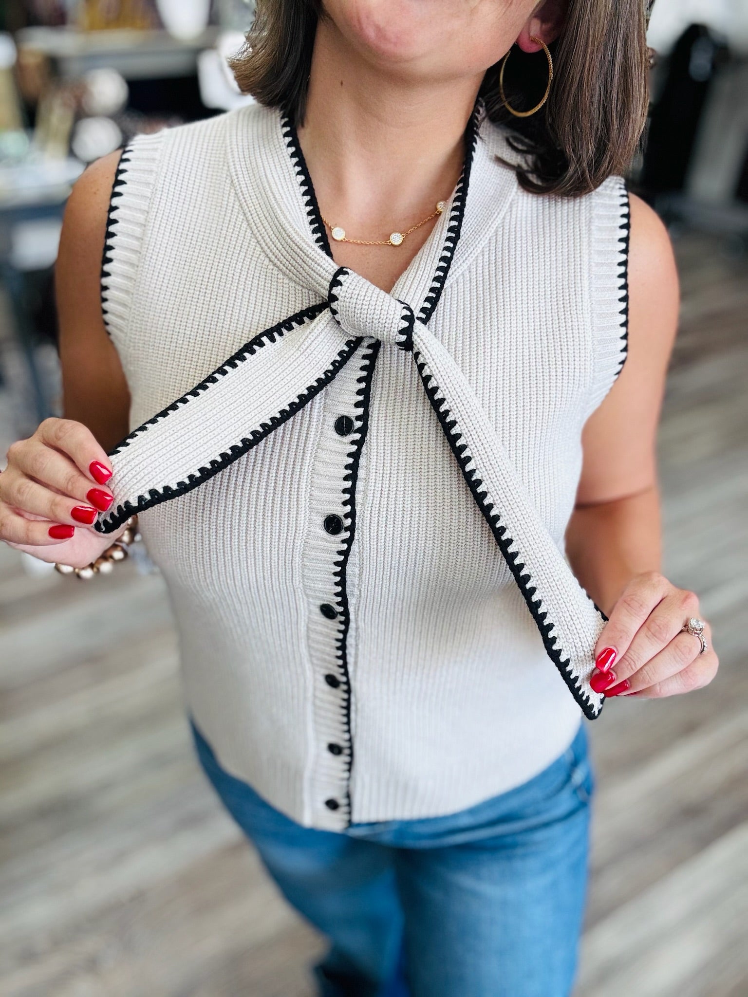 Abigail Sweater Top - Color Contrast Soft Sleeveless Sweater Bow Detail Black Trim