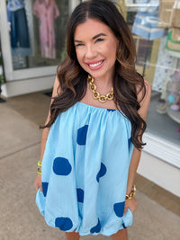The Beverly Polka Dot Dress - Blue Elastic Neck Bubble Mini Dress - TCEC