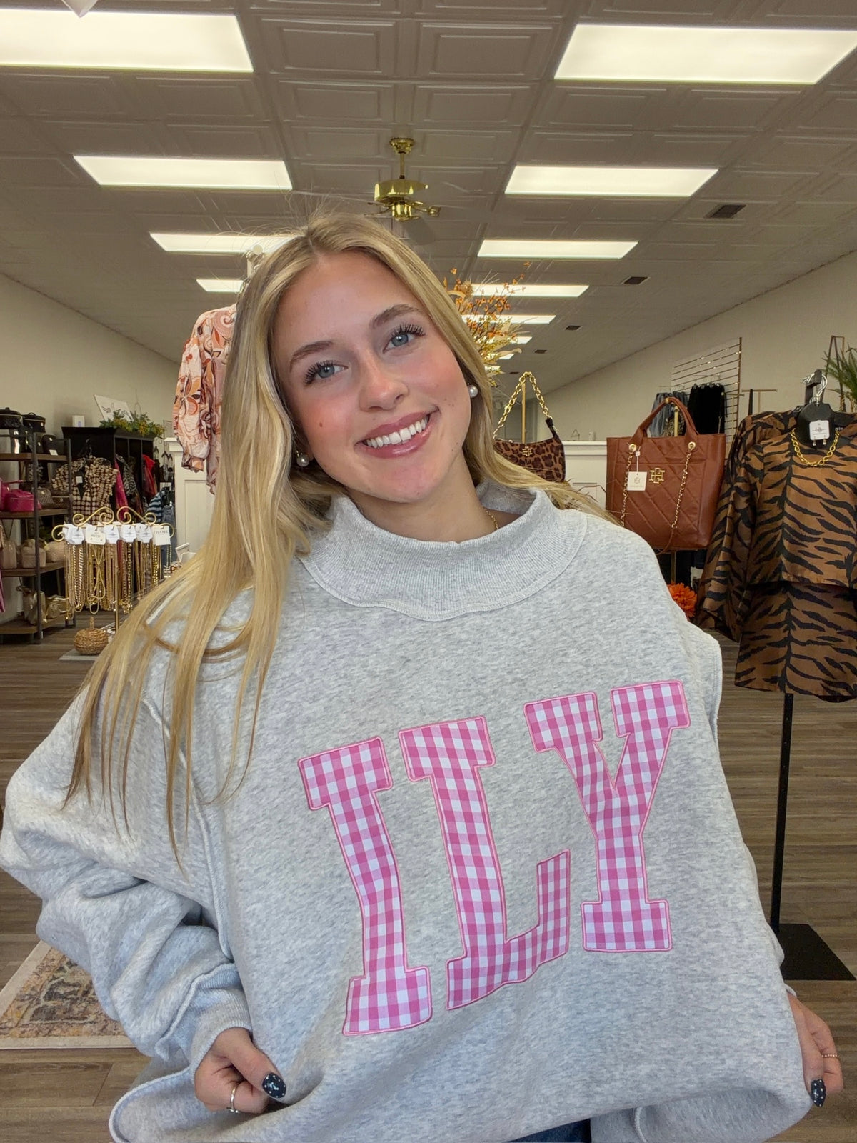 “ILY” embroidered mock neck sweatshirt