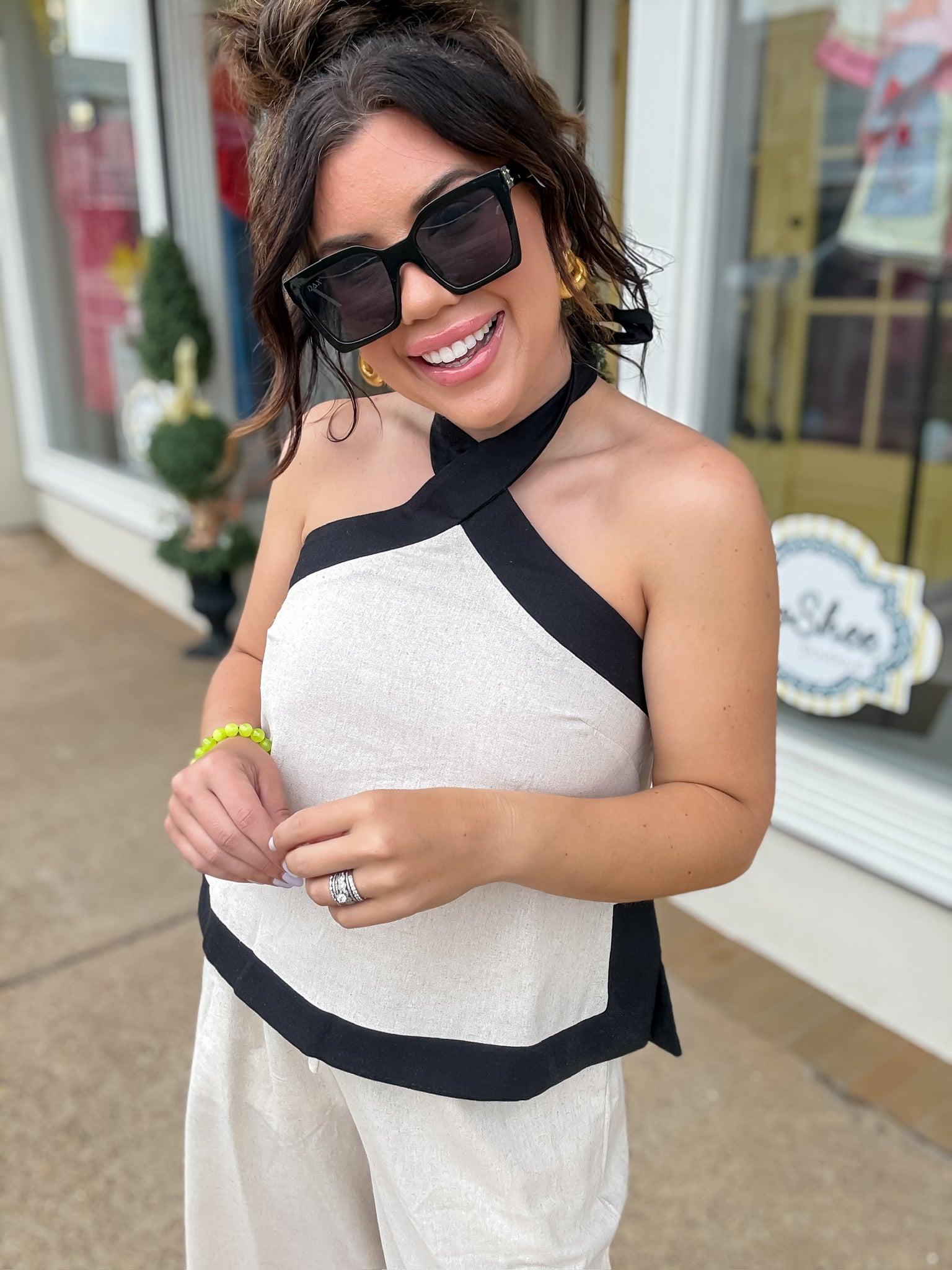 The Lucy set - linen white and black set with halter top- Entro