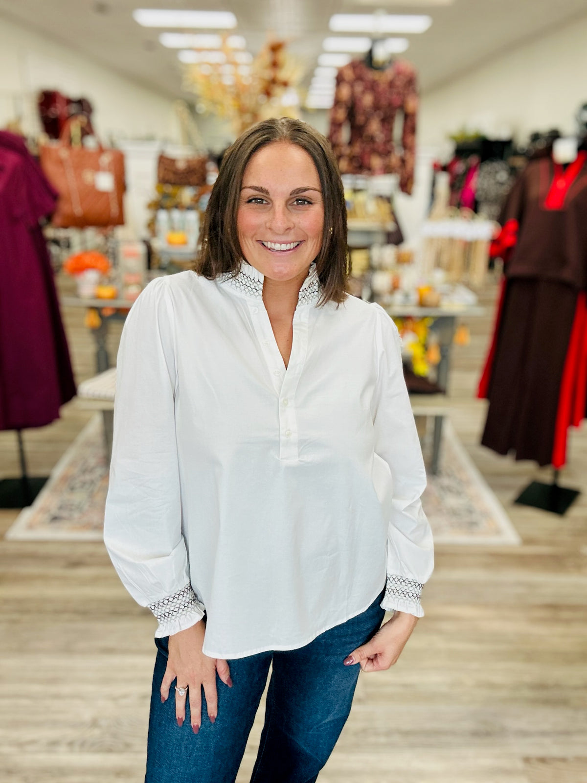 The Kimberly top - white long sleeve blouse with ruffle collar and colorful detailing
