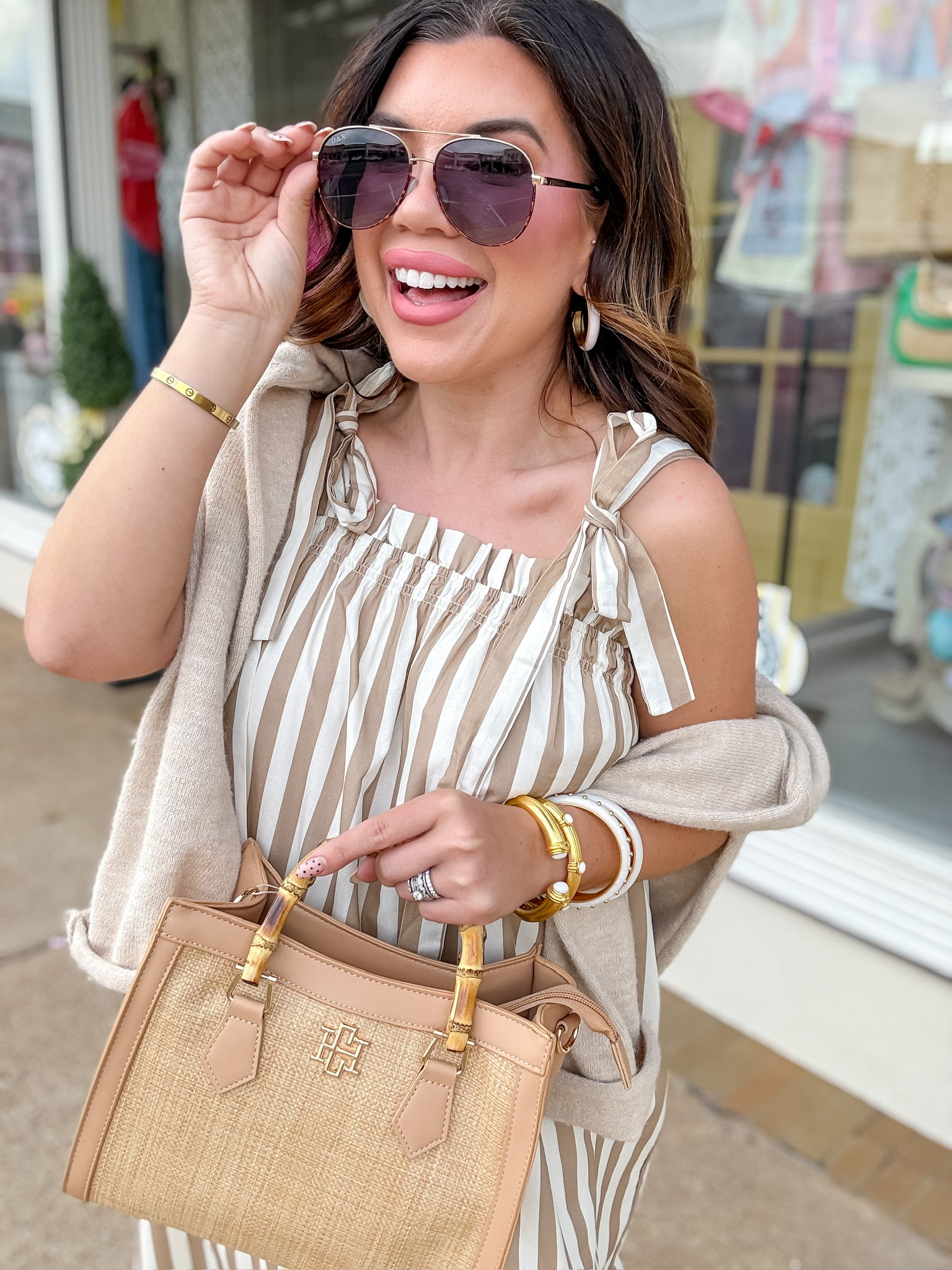 Carla Striped Midi Dress/ tan and white with shoulder tie straps/ Wishlist