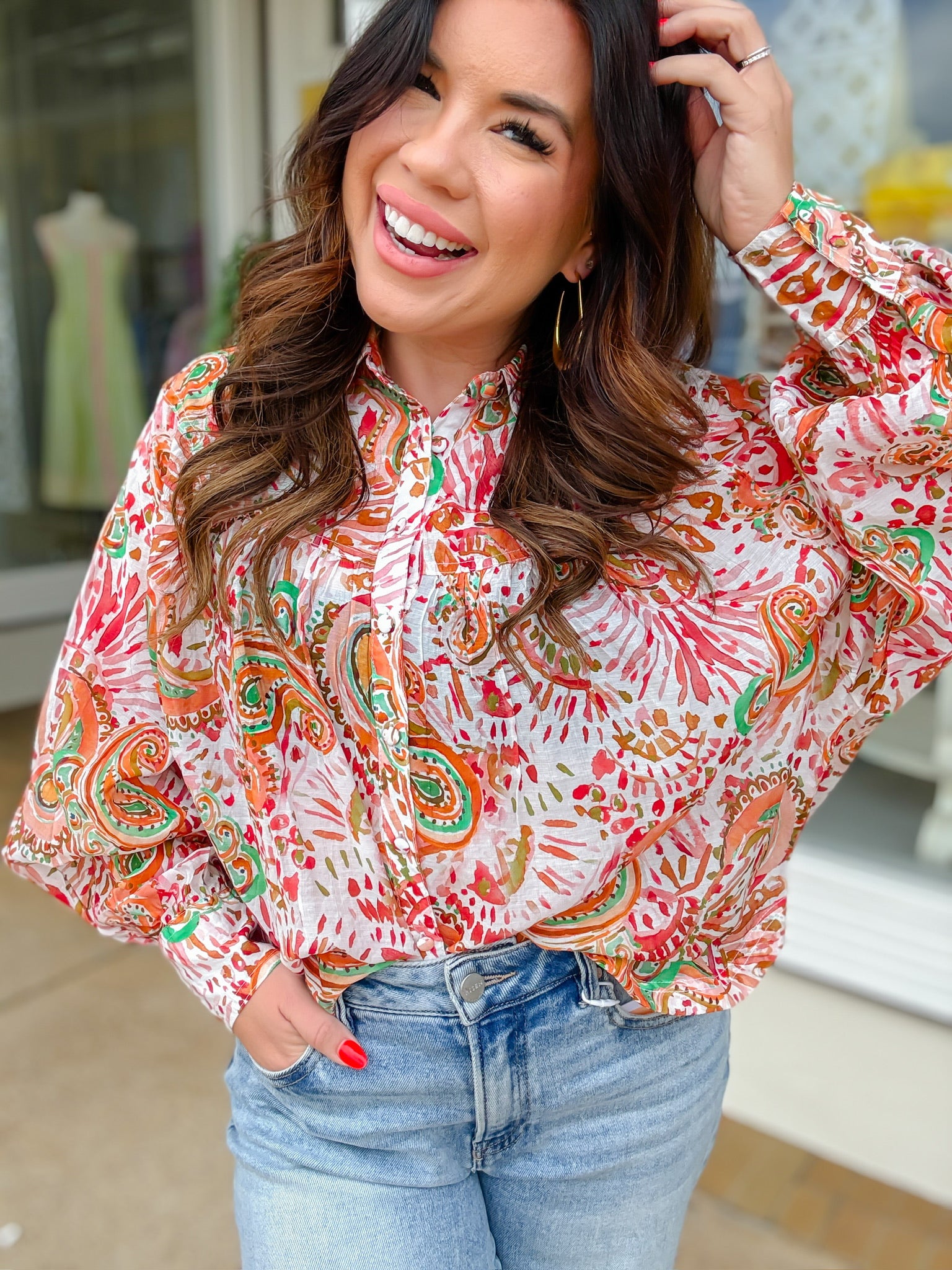 The Leigh Top - Tangerine floral printed button down long sleeve