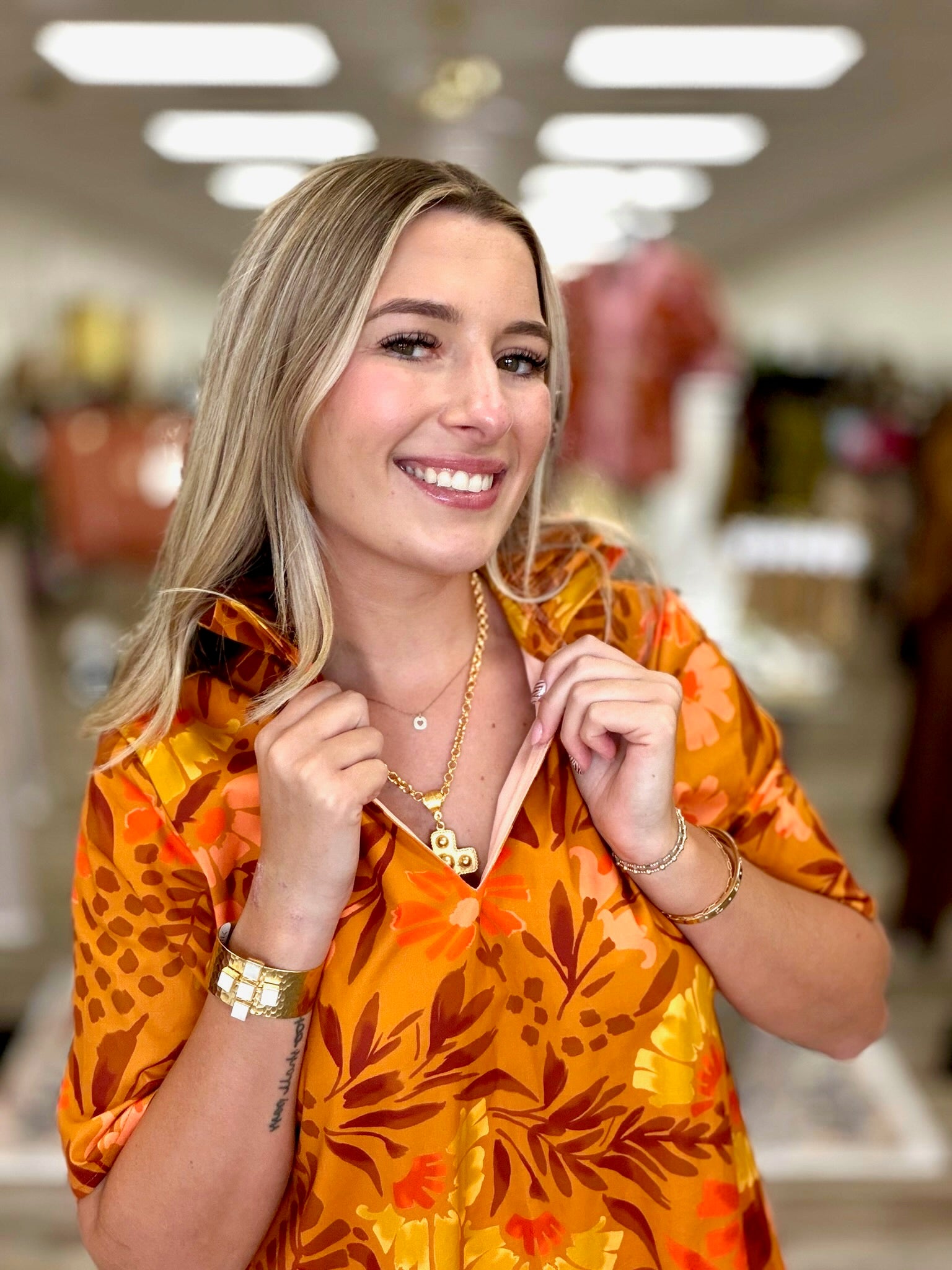 Golden Hour Garden Dress - vibrant mustard floral dress featuring a relaxed silhouette and bold blooms in warm orange, yellow, peach, and chocolate tones.