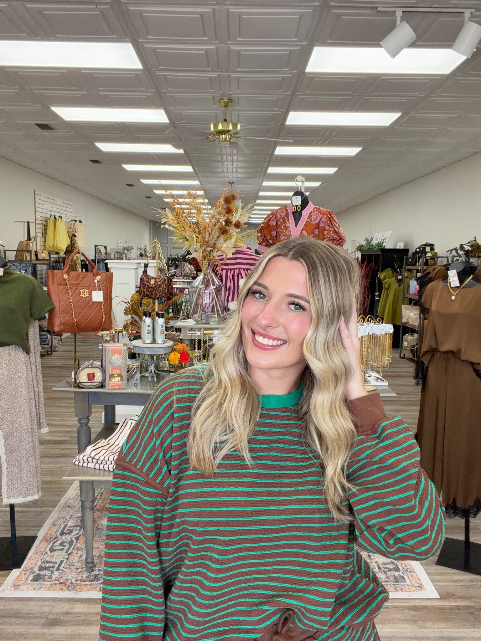 The Sutton Striped Set - striped browns long sleeve top with a squirt