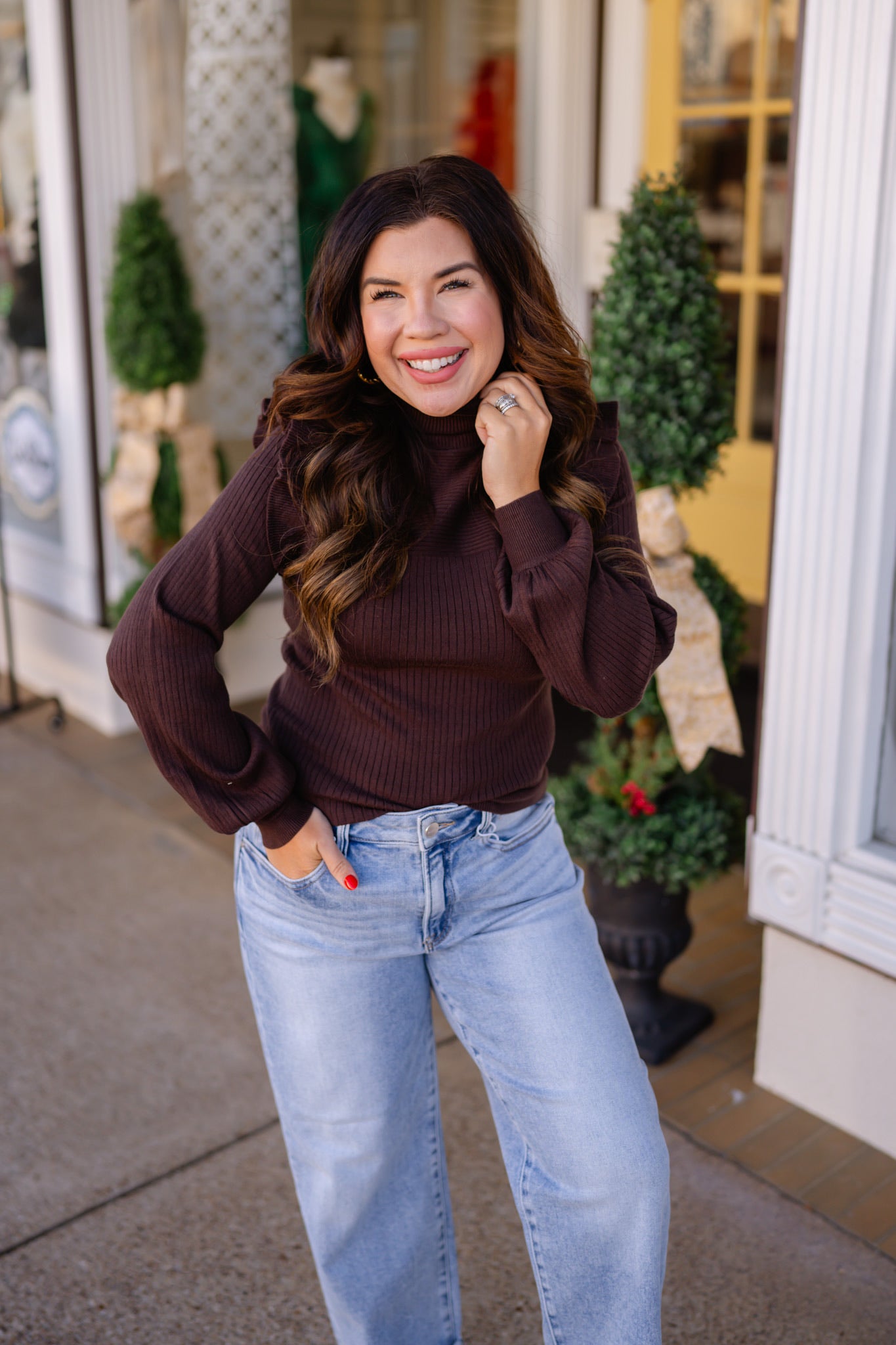 The Mia Top - Ribbed Long Sleeve Turtleneck - Chocolate Brown - &merci