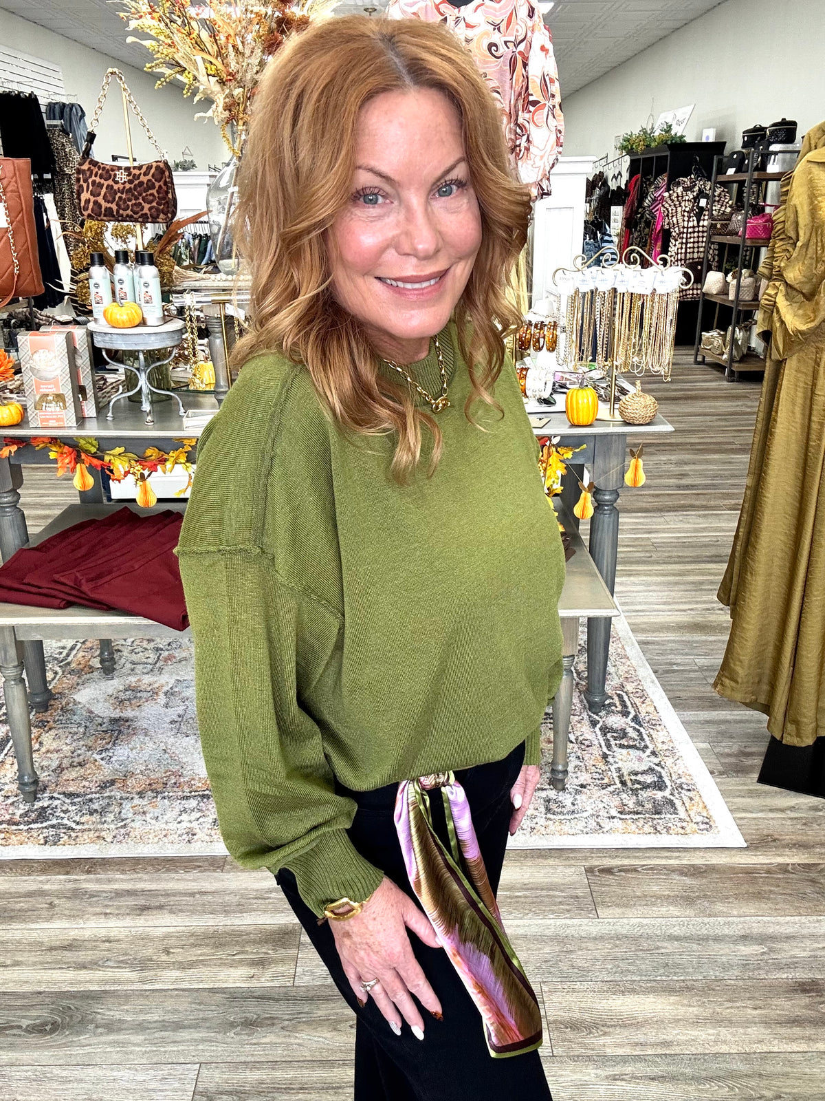 The Morgan sweater - Olive knit sweater, exposed seam detailing, dropped shoulders, and ribbed trim at the neckline, cuffs, and hem