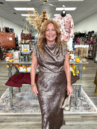 The Amanda Leopard Set -  Metallic Skirt Set Sleeves-less top With High Neck Long skirt