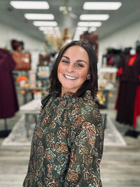 Olive After Hours Blouse- Fall Floral print, ruffle tie neckline long sleeve blouse