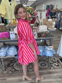 The Scarlett Stripe Dress - Button Down Striped Detail Ruffle Collar - Entro