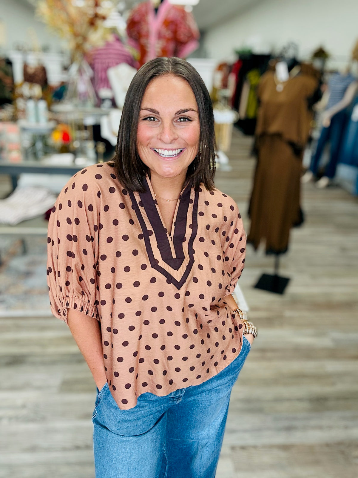 Autumn Mocha Charm Contrast Trim Polka Dot Blouse