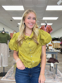 Autumn Olive Top - olive green button-front top featuring an oversized statement collar, playful puff sleeves, and adjustable side-tie details.