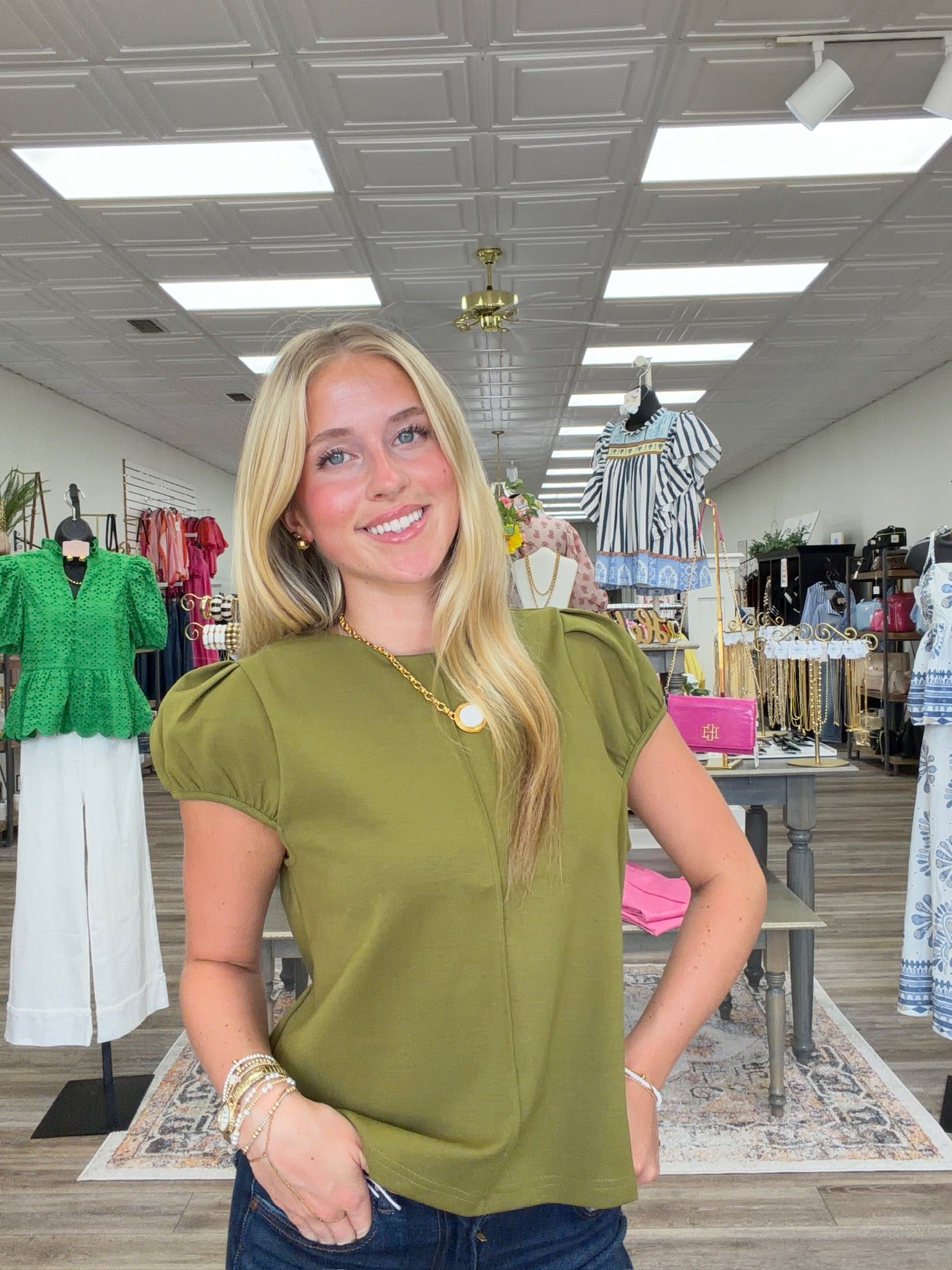 Classic pearl puff top - A martini olive knit top featuring a flattering square neckline, puff sleeves