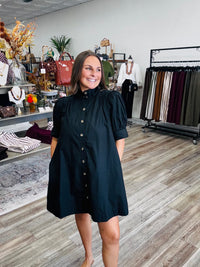 The Kennedy Button Dress - Black puff sleeve collar detailing mid-length