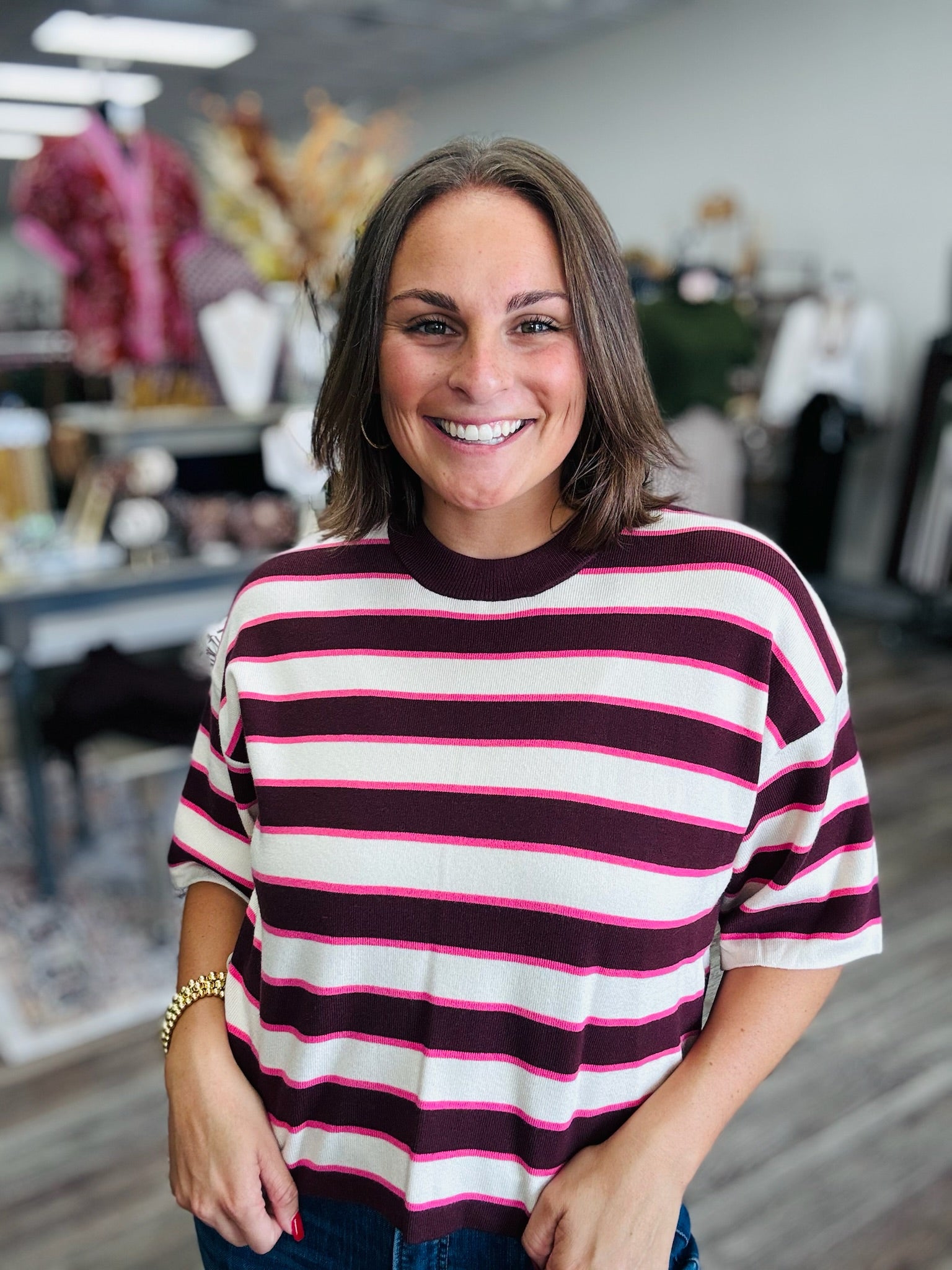 The Bella Basic Top - Striped Round Neckline Soft Material