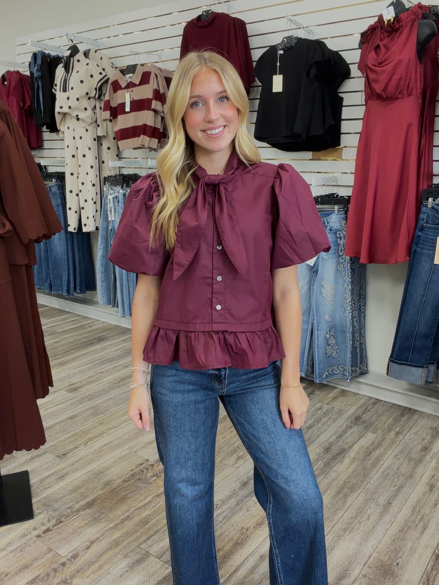 Rosie puff sleeve top with peplum and attached twilly tie at neck-burgundy- entro