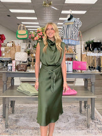 Willow Grace Belted Midi satin Dress-dark olive