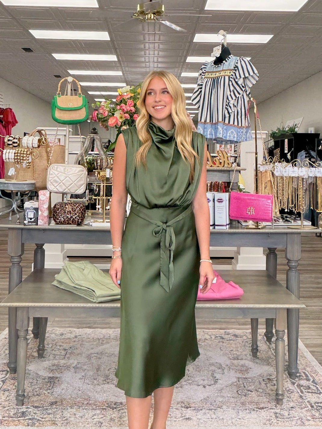 Willow Grace Belted Midi satin Dress-dark olive