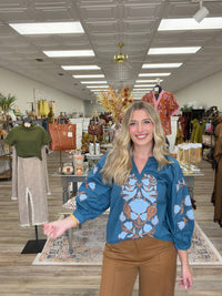 Heirloom Bloom Top - Teal Split Neckline Relaxed Long Sleeve With Elastic Cuff