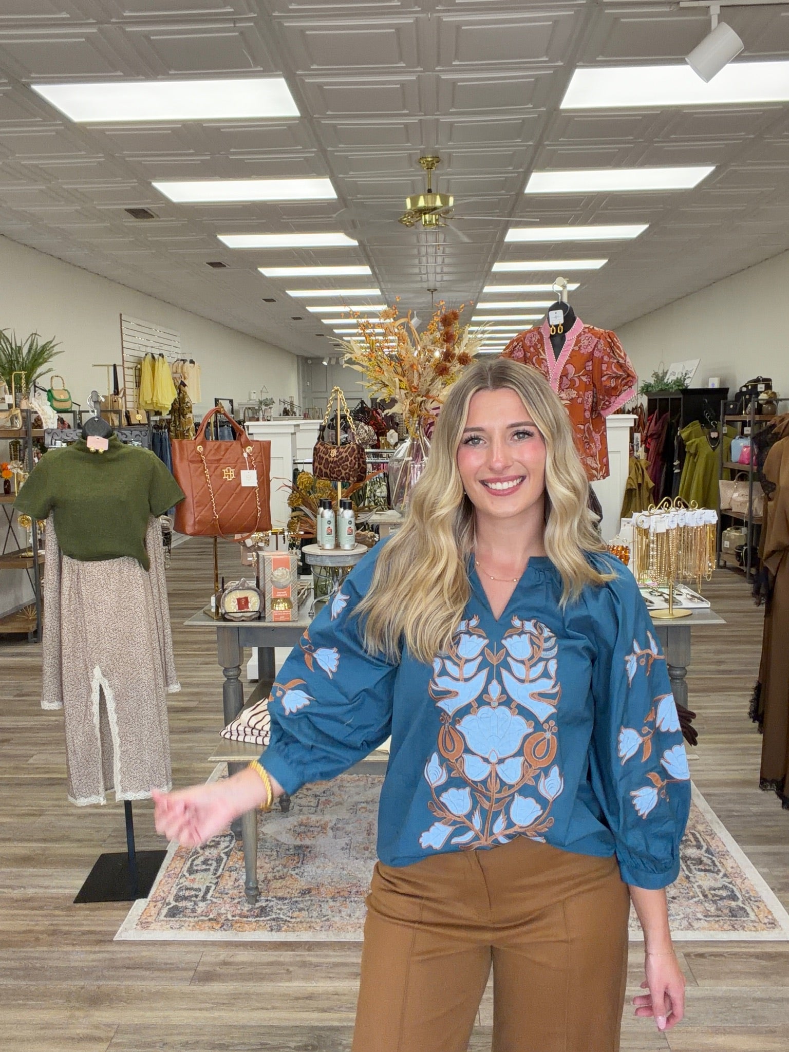 Heirloom Bloom Top - Teal Split Neckline Relaxed Long Sleeve With Elastic Cuff