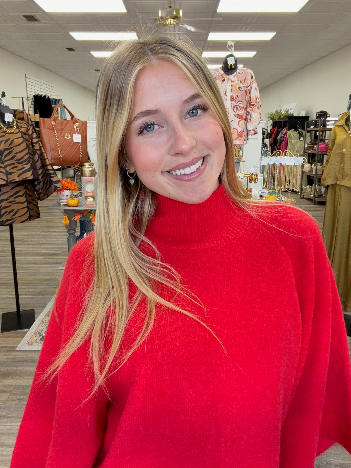 The Merry and Bright Sweater-Red Wide Sleeve Mock Neck Sweater