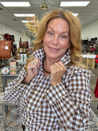 Brown Gingham Statement Collar Blouse