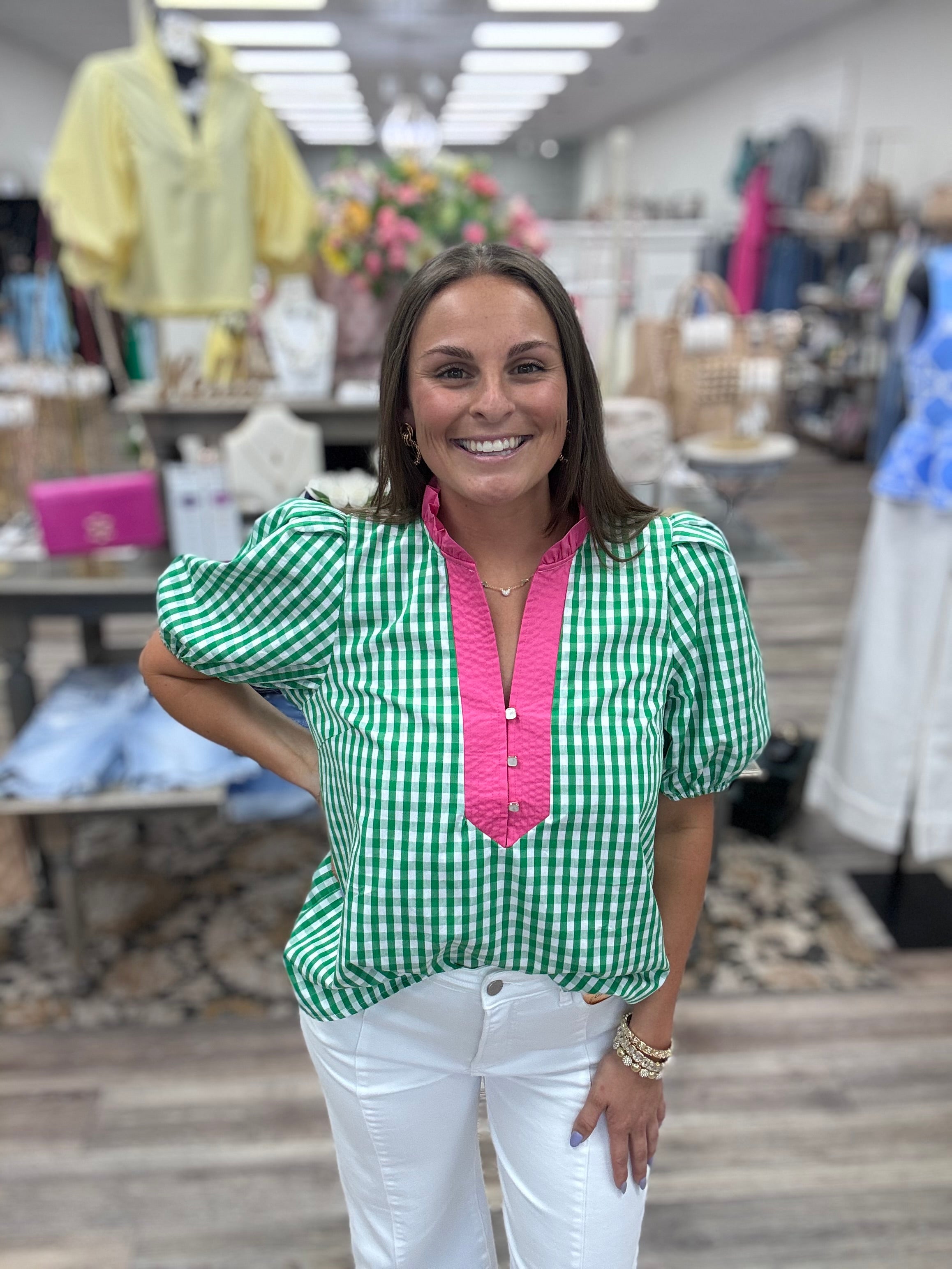 The Carla Top - green and white gingham with puff sleeves and pink outline - Entro  ￼￼