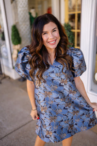The Taryn dress - Floral Blue Jacard Puff Sleeve - Glam