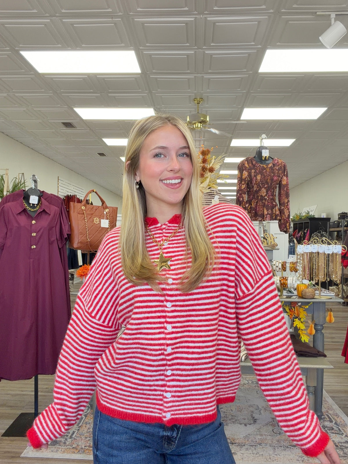 Cherry Coast Striped Button-Up Sweater