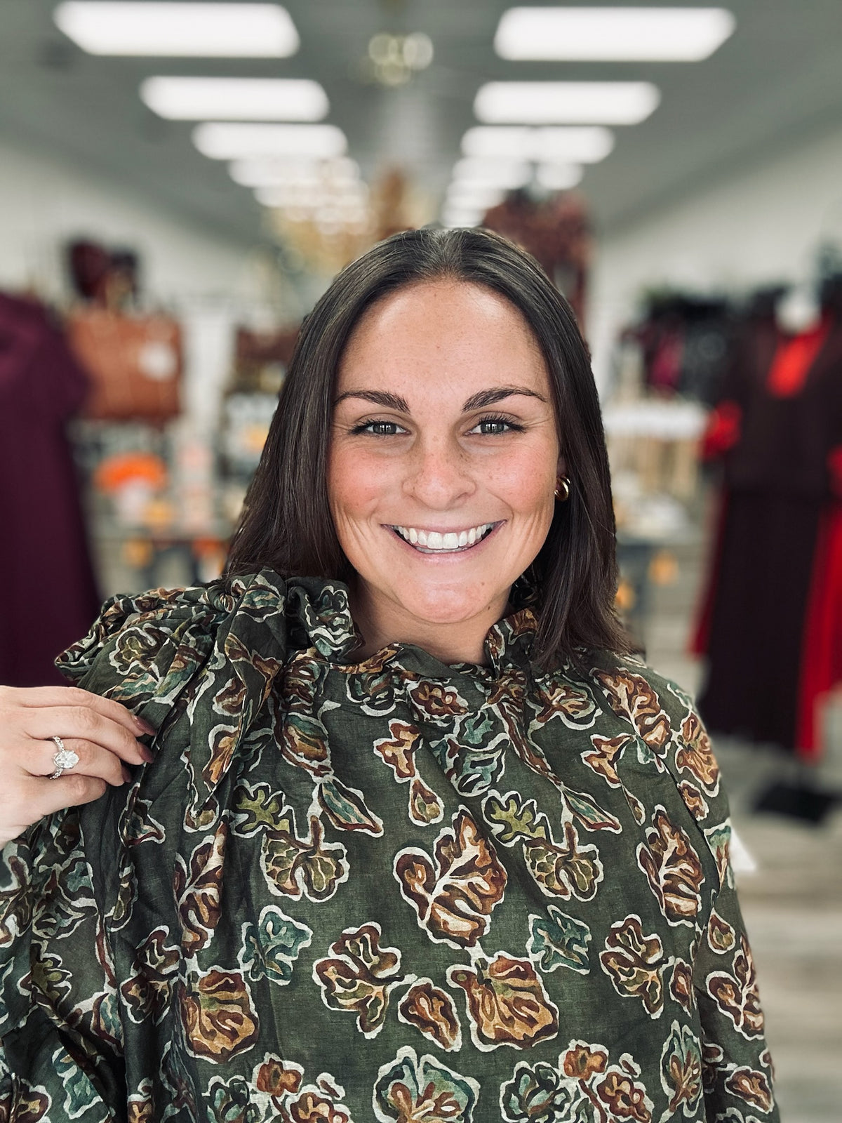 Olive After Hours Blouse- Fall Floral print, ruffle tie neckline long sleeve blouse