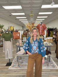 Heirloom Bloom Top - Teal Split Neckline Relaxed Long Sleeve With Elastic Cuff