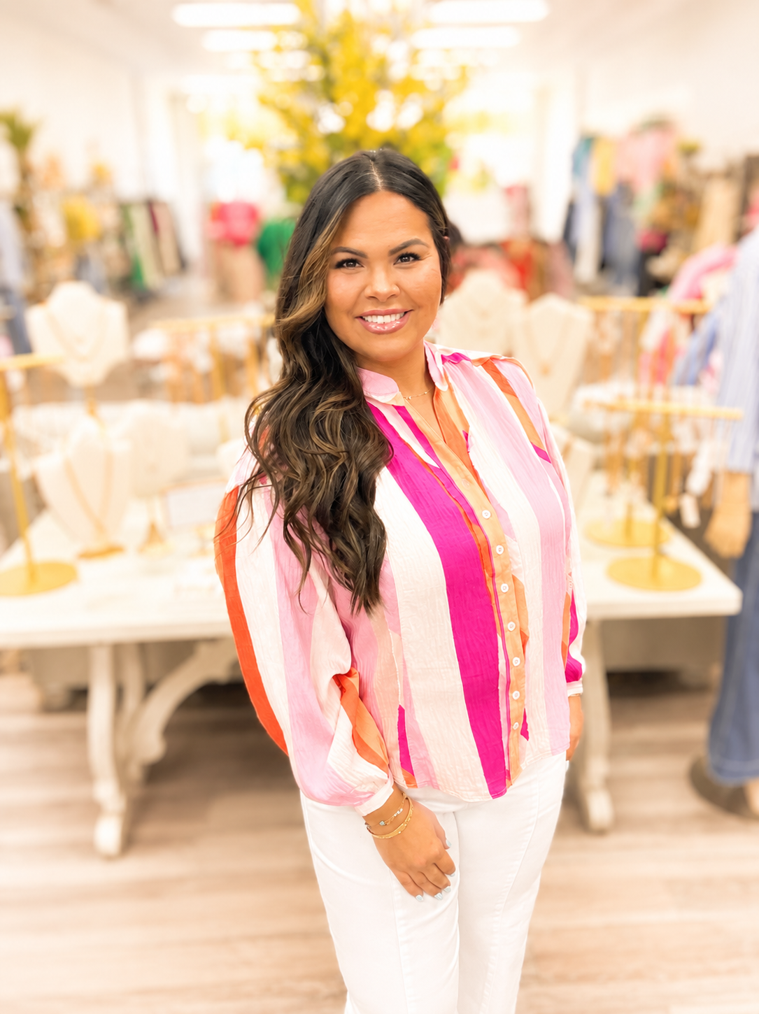 The Diana Top - long sleeve thin flowy button down pink multi color top - fate