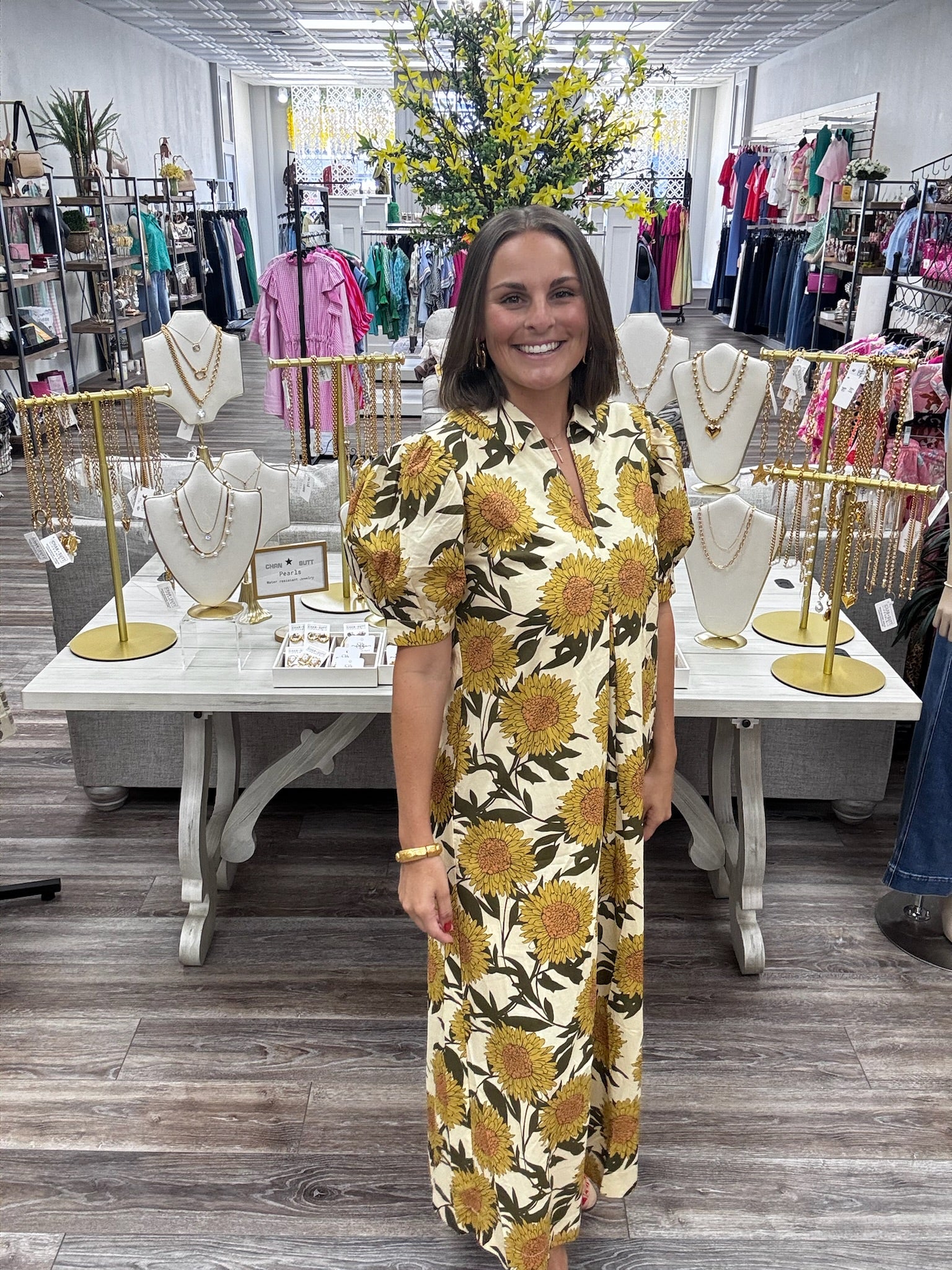 Golden Sunflower Stroll Pocket Midi Dress