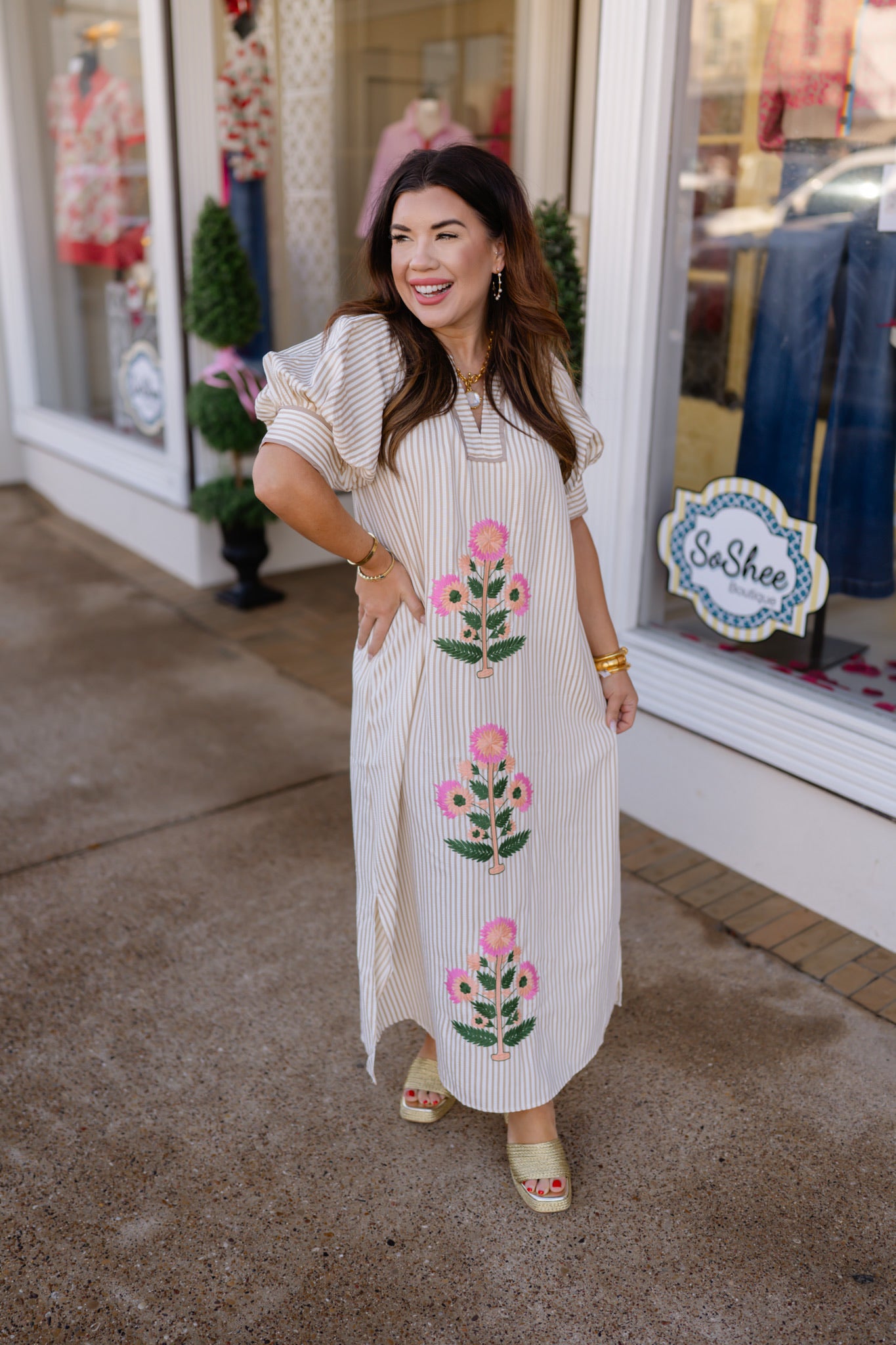 The Blossom Stripe Dress - Puff Sleeve Floral Embroidery - Entro