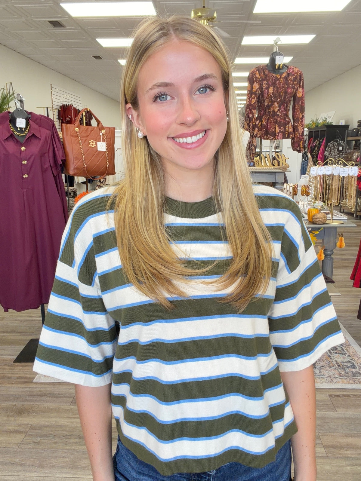 The Bella Basic Top - blue and green striped top, round neckline, Soft Material