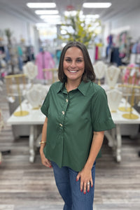 Kimmie top with collar, army green and gold button detailing with a cuffed short sleeve-Entro