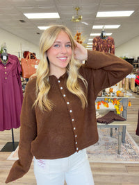 The Miranda cardigan- chocolate brown button down long sleeve soft - ee:some