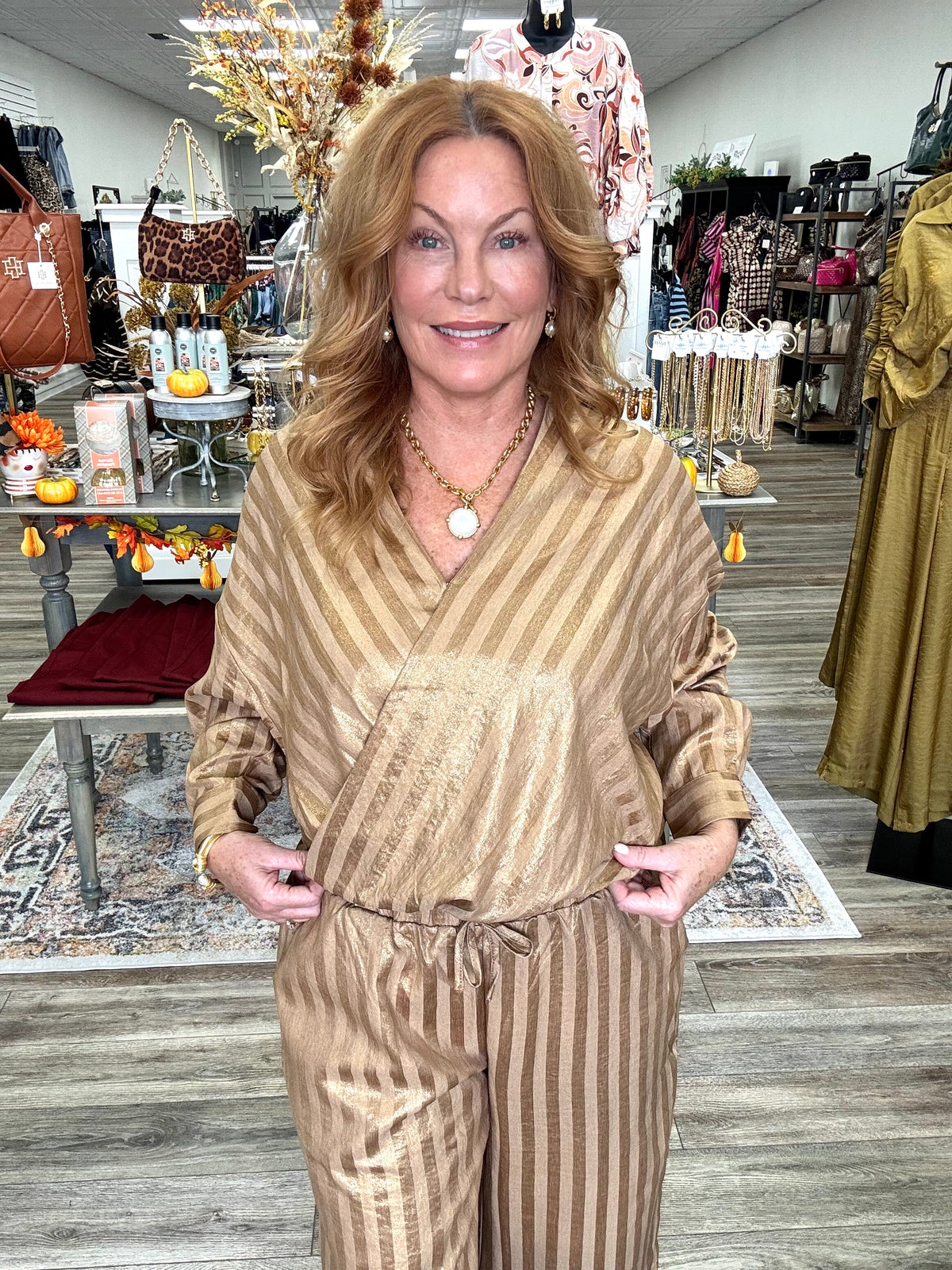 The Sienna Metallic Stripe Two Piece Set - Gold Taupe V Neck Long Sleeve Wrap Blouse