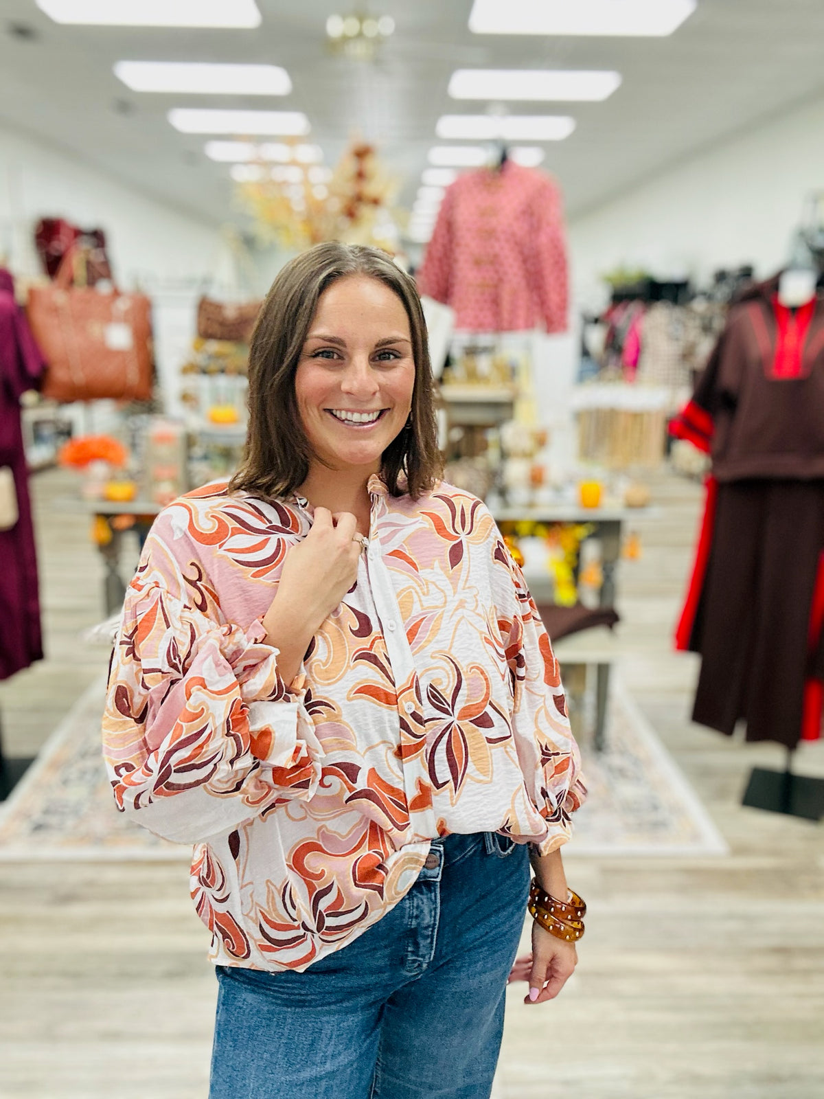 The Sienna Top - Front Button With Ruffle Sleeves And Fall Pattern