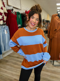 The Shelby Sweater - Blue & Brown  Striped - Sage + Fig