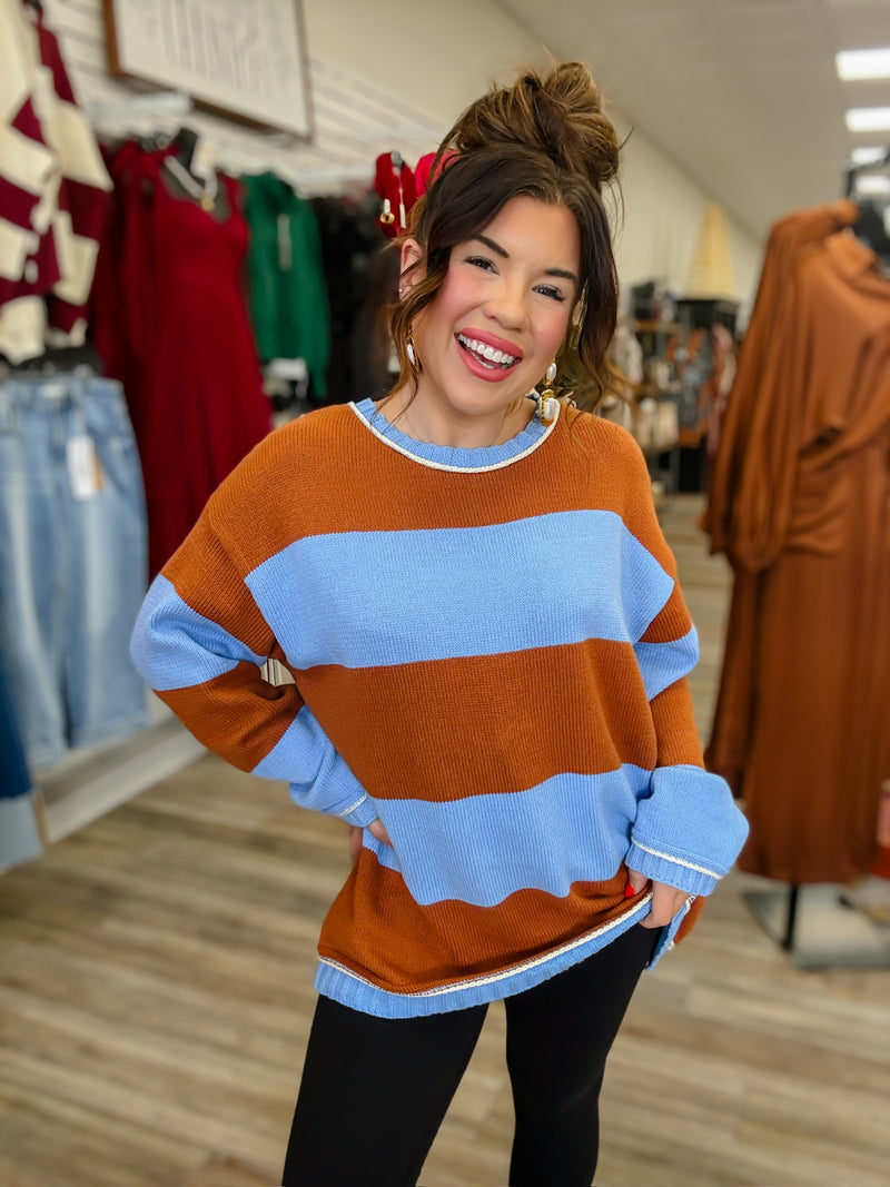 The Shelby Sweater - Blue & Brown  Striped - Sage + Fig