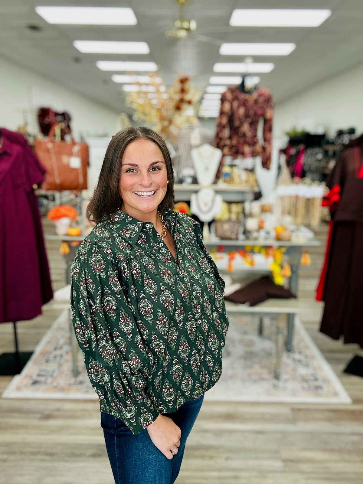 Evergreen Elegance Blouse - rich forest green blouse featuring a vintage-inspired floral print, statement collar, button-front detail, and flowy long sleeves.