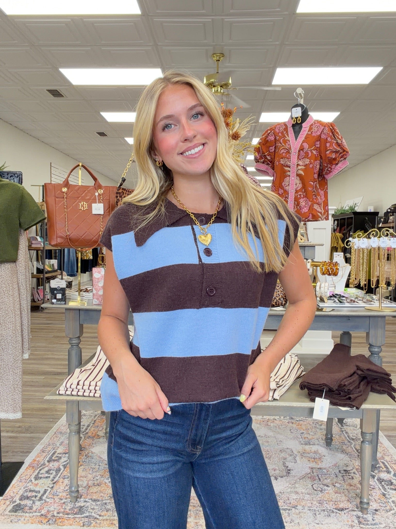 The Evie sweater - knit polo sweater with wide brown and light blue horizontal stripes, partial button-front placket. Entro style#T31886