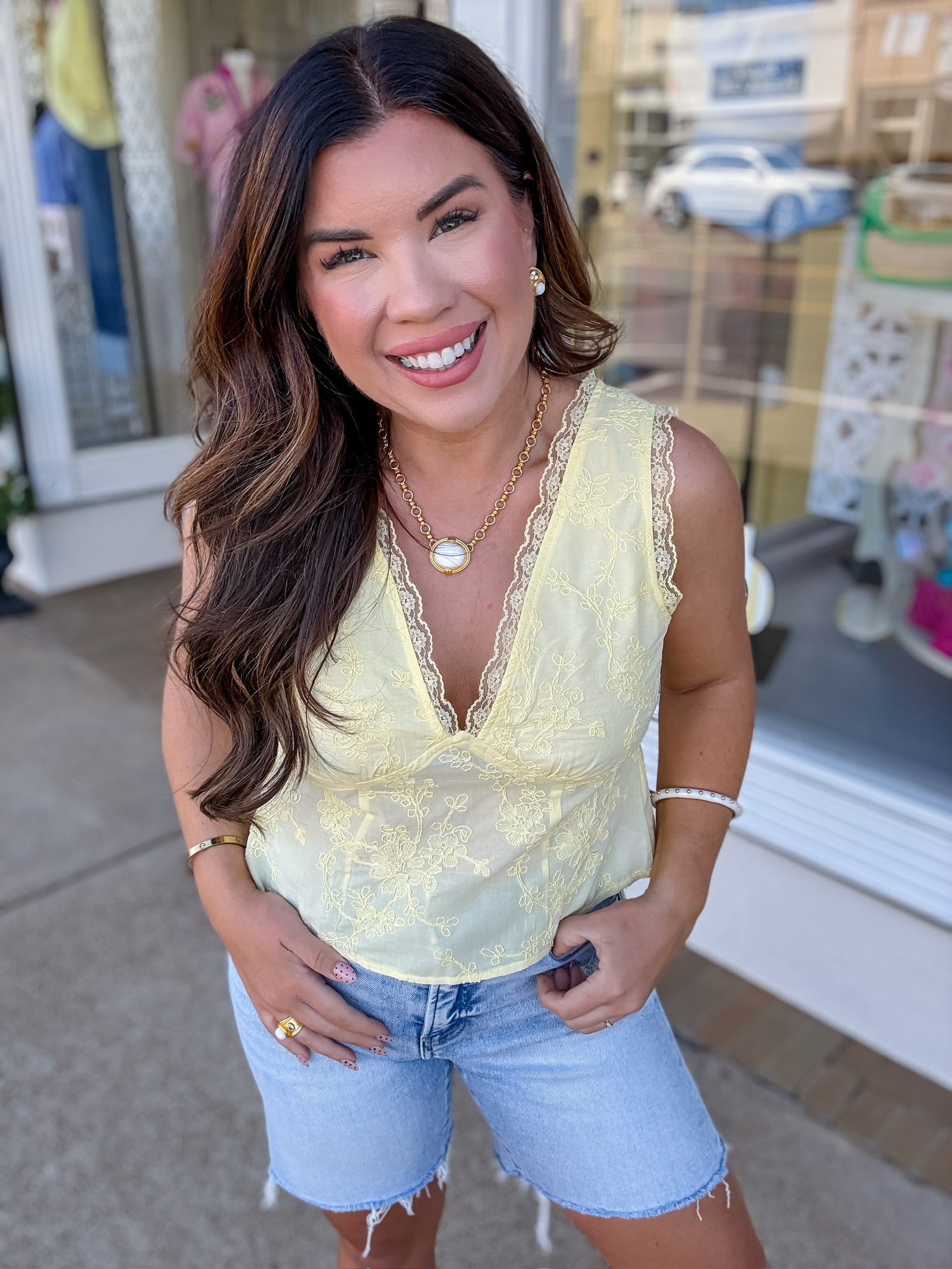 The Lexi Top - embroidery v neck with lace outline